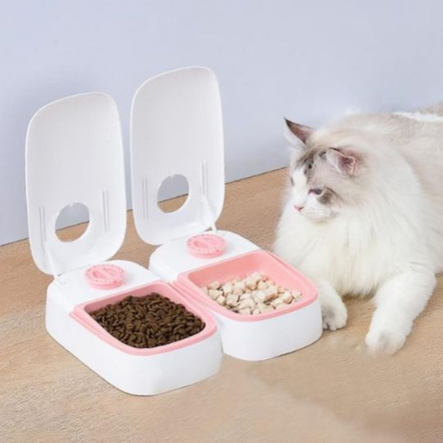 distributeur-croquette-chat-automatique-double-rose