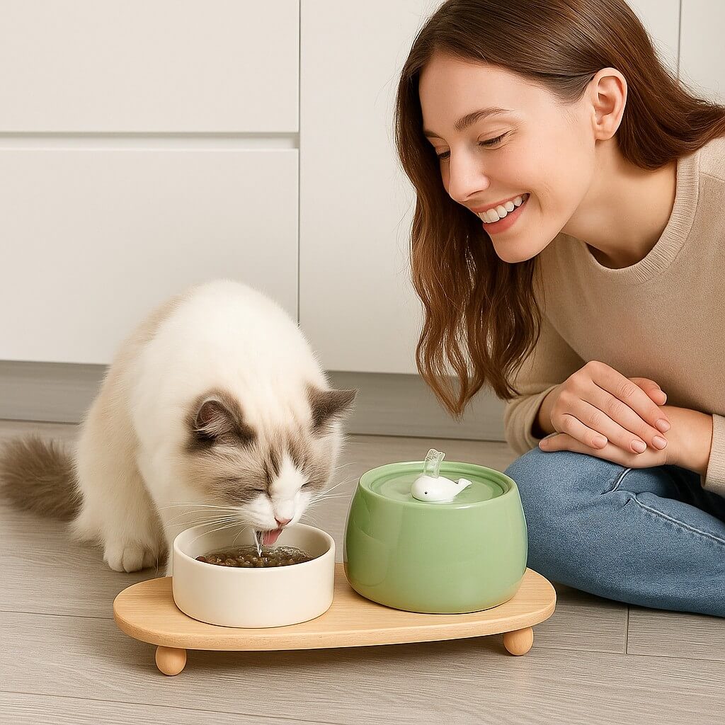 fontaine-a-eau-ceramique-chat-ensemble-vert-blanche