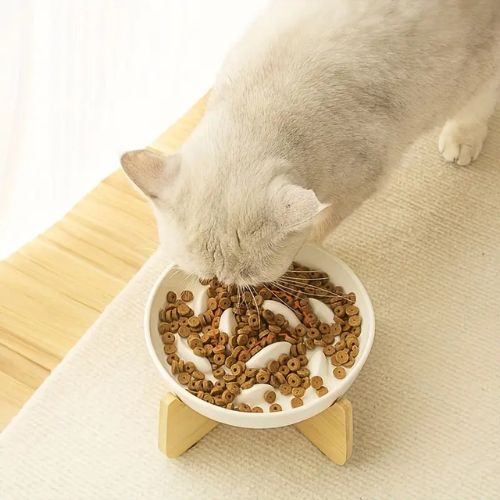 gamelle anti glouton chat céramique et bois - Happy minet