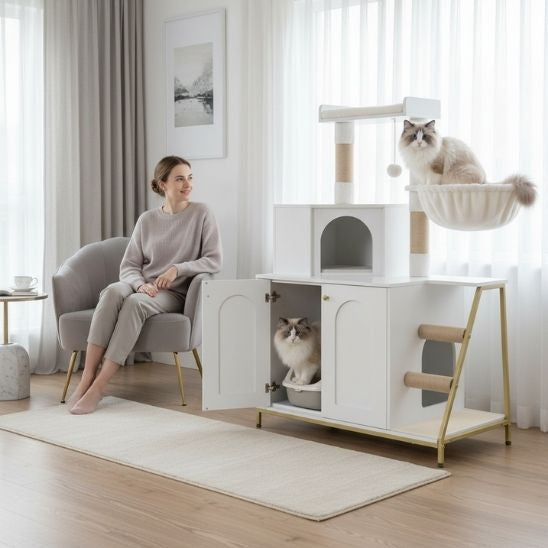 arbre à chat avec litière blanc