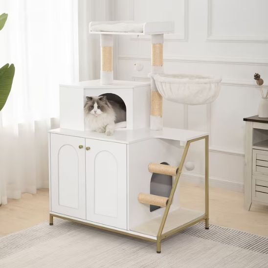 arbre à chat avec litière meuble blanc