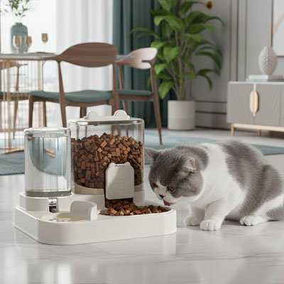 Distributeur croquette eau chat blanc