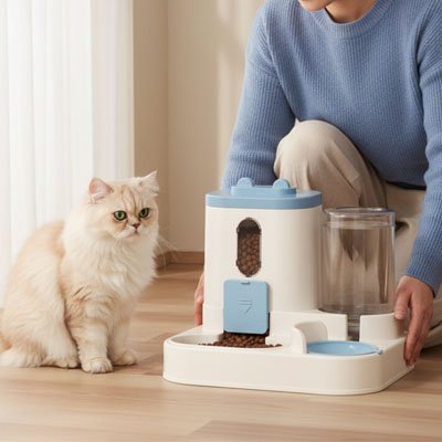 Distributeur croquette eau chat bleu