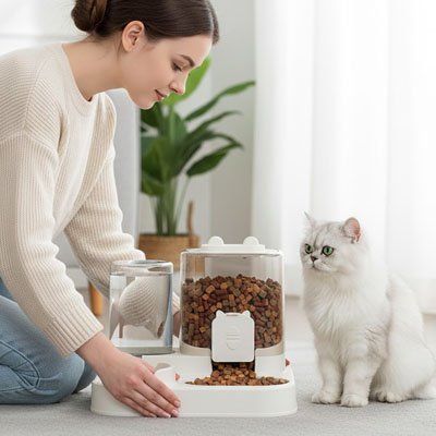 Distributeur croquette eau chat compact