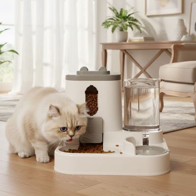 Distributeur croquette eau chat gris