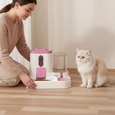 Distributeur croquette eau chat rose