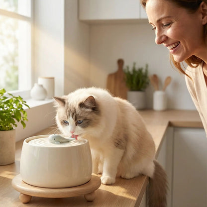 fontaine a eau ceramique chat beige baleine verte