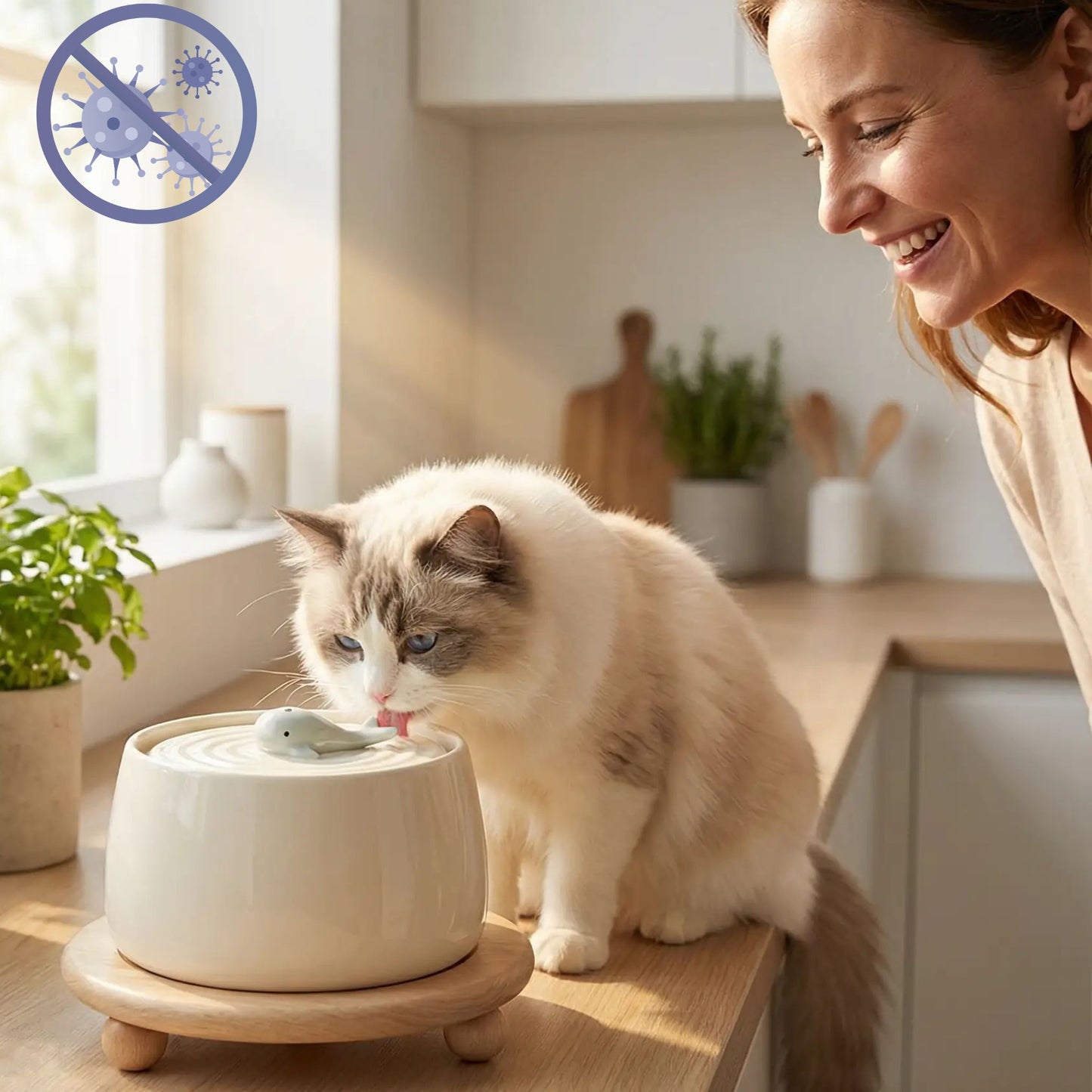 fontaine a eau ceramique chat beige baleine verte