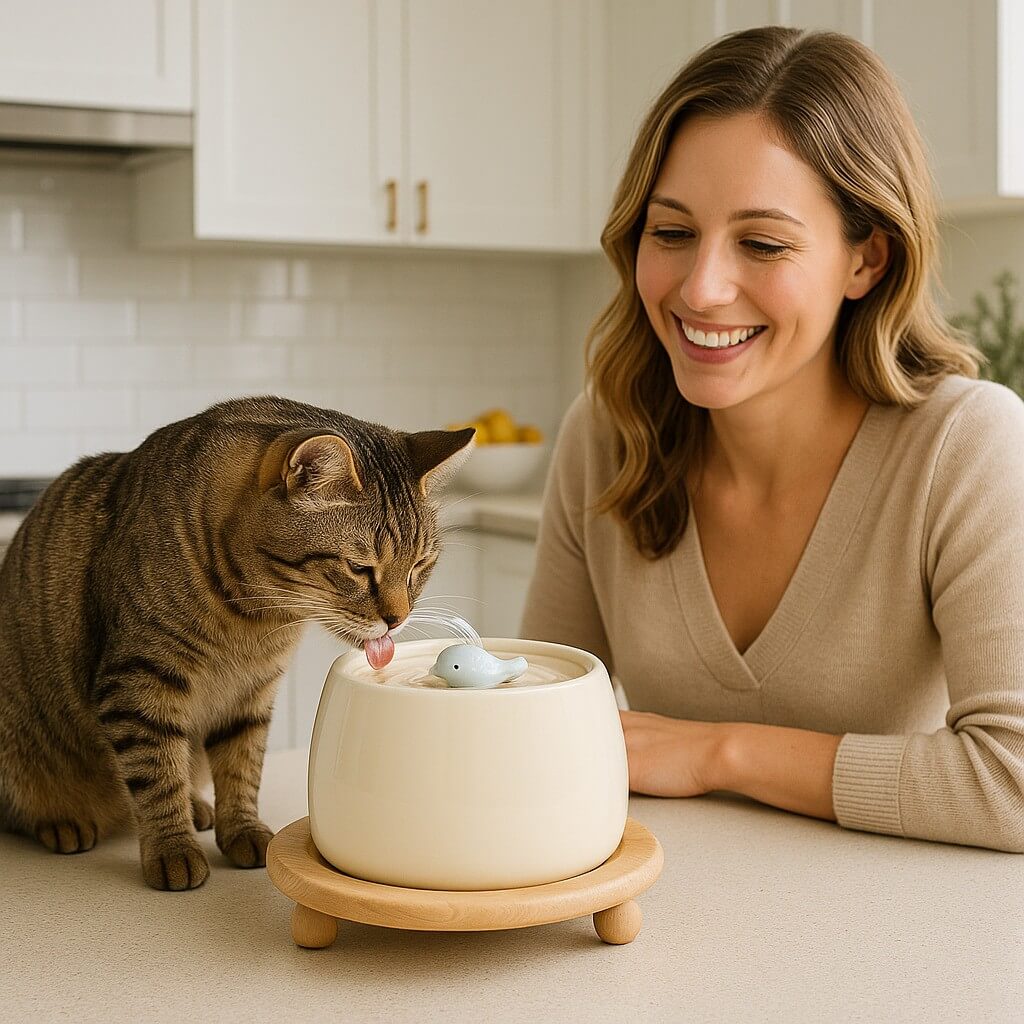fontaine-a-eau-ceramique-chat-blanc-support-bois