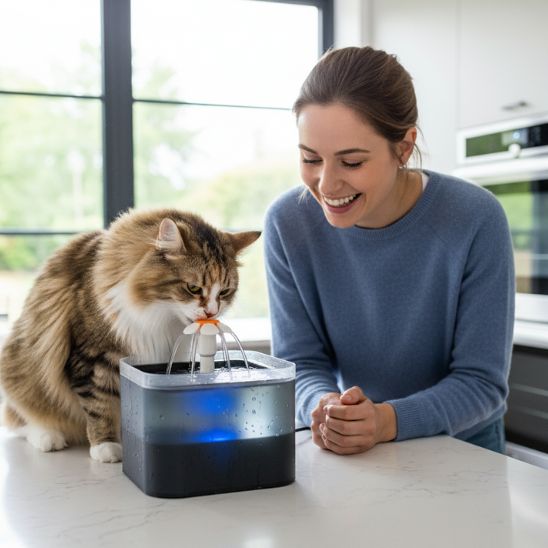 fontaine-a-eau-chat-fleur-design-gris