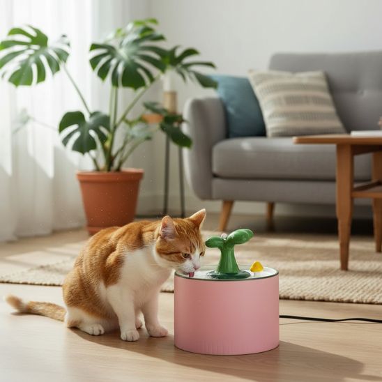 fontaine-chat-céramique-arbre-rose