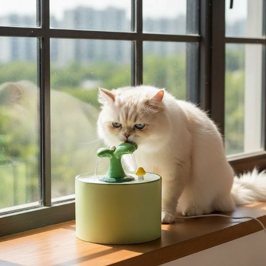 fontaine-chat-céramique-arbre-vert