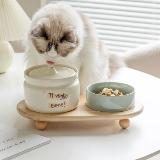 fontaine chat ceramique beige
