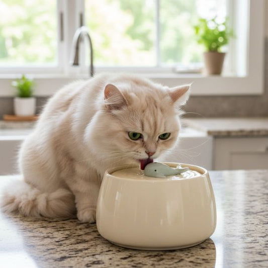 fontaine-eau-chat-ceramique-beige