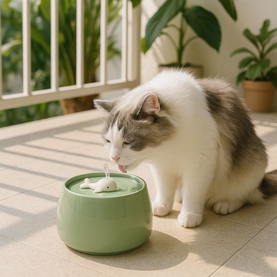 fontaine-eau-chat-ceramique-vert